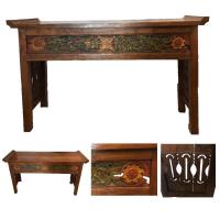 Asztal, íróasztal, festett színes antik faberakással